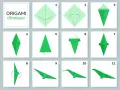 Instrucciones paso a paso para crear un **papiroflexia dinosaurio** verde. El diagrama muestra 11 pasos con flechas indicando los pliegues.