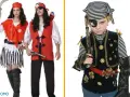 Pareja con disfraz pirata casero y niña pirata con parche y pistola.