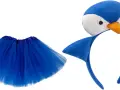Disfraz de pingüino con tutú azul y diadema de pintacaras pinguino.