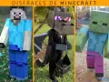 Niño con disfraz casero de Minecraft: Steve, un dragón y un zombi. ¡Perfectos para Halloween!