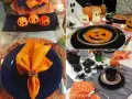 Centros de mesa con calabazas y detalles de Halloween, creando un ambiente festivo y espeluznante.