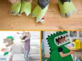 Niños jugando con un disfraz dinosaurio niño casero hecho de cartón y tela. ¡Pura diversión prehistórica!