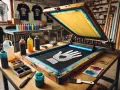 Taller de serigrafía que es: máquina con pantalla para estampar mano en camiseta, tintas y camisetas colgadas.