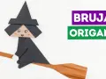 Bruja de origami volando en escoba. ¡Perfectas manualidades Halloween fáciles para crear!