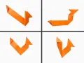 Manualidad ardilla infantil de origami naranja. Cuatro vistas de una figura de papel doblado que representa una ardilla.
