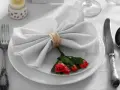 Mesa elegante: tenedor a la izquierda, cuchillo y cuchara a la derecha. Servilleta con rosas, ideal para saber como colocar los cubiertos en la mesa.