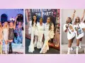 Chicas celebrando fiestas temáticas, algunas con brillos, otras vestidas de blanco y unas más con disfraces de animales.