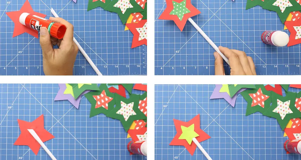Creando varitas mágicas caseras. Pegando estrellas de papel para dar vida a la magia.