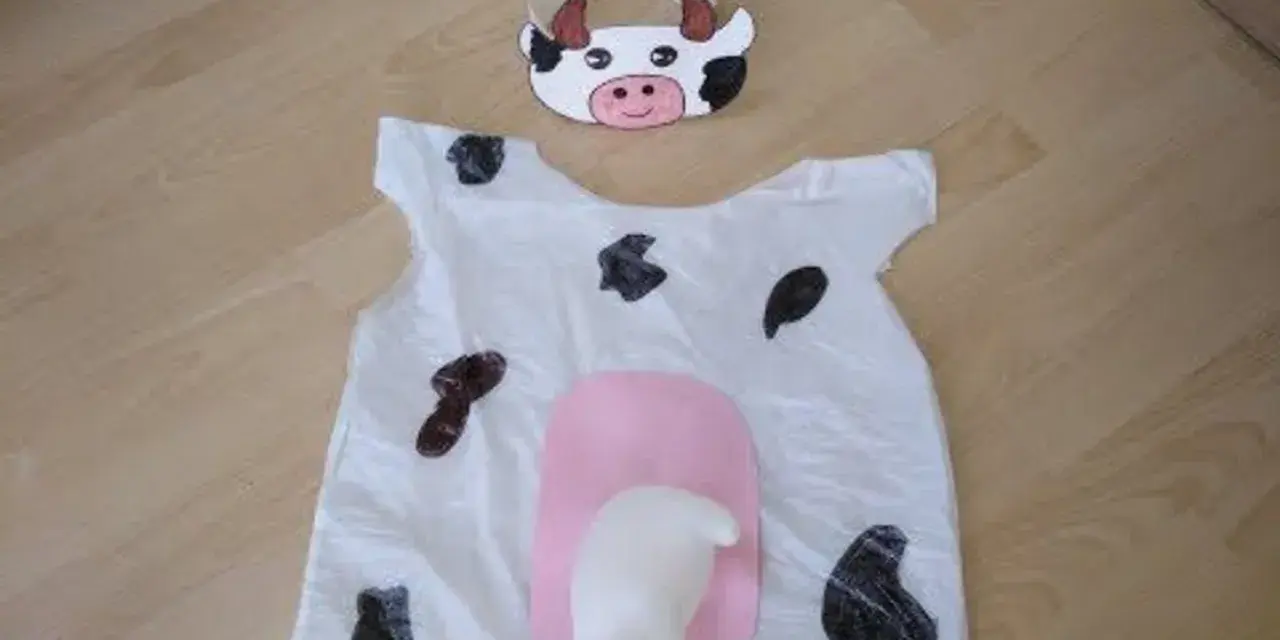 Originales disfraces con bolsas de basura: un traje de vaca blanco con manchas negras y una ubre rosa, junto con una diadema de vaca.
