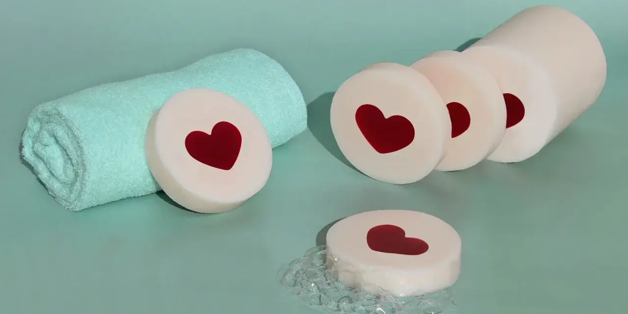 Jabones de glicerina con corazones rojos, listos para hacer jabón. Toalla turquesa y burbujas.