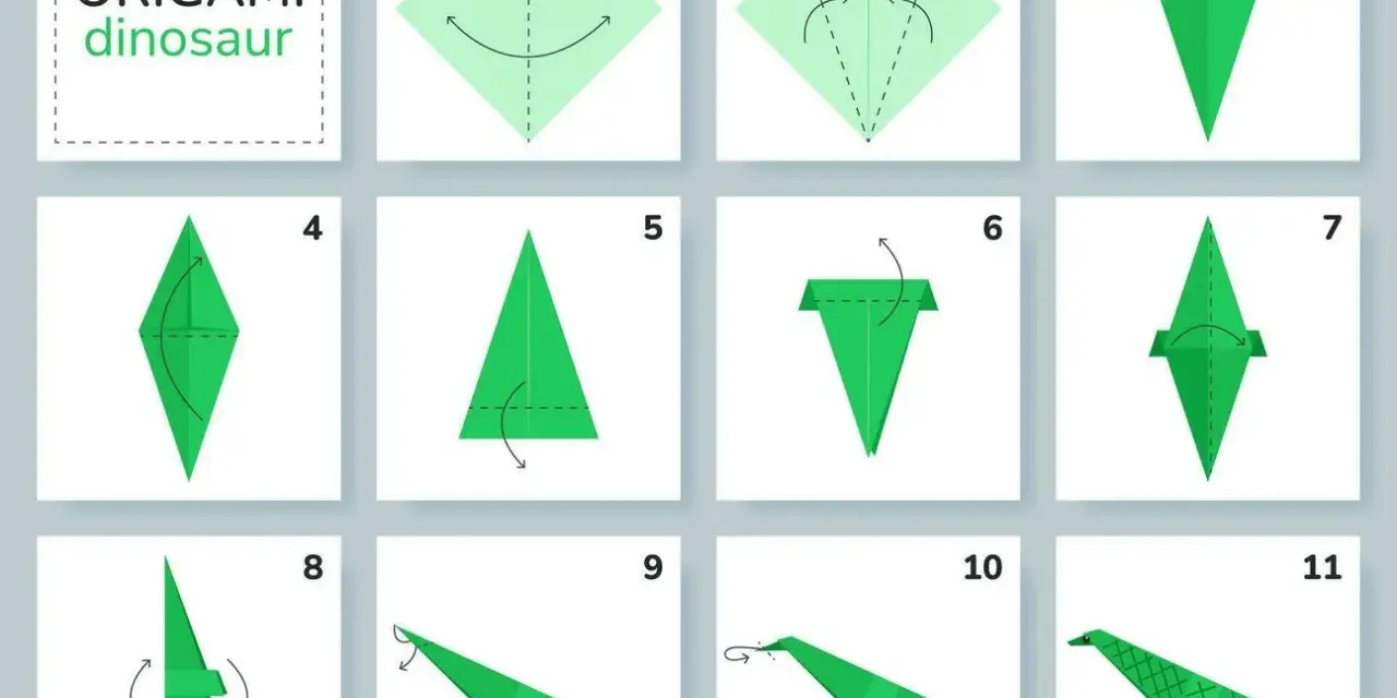 Instrucciones paso a paso para crear un **papiroflexia dinosaurio** verde. El diagrama muestra 11 pasos con flechas indicando los pliegues.