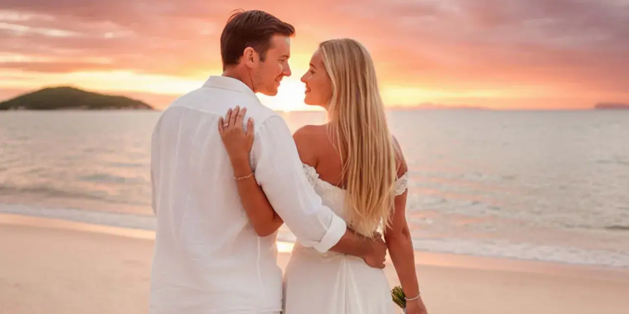 Pareja en la playa al atardecer, celebrando bodas románticas. Él, con camisa blanca, la abraza. Ella, con vestido de novia, mira al horizonte.