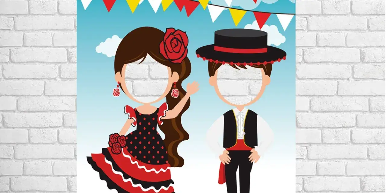 Un photocall flamenco casero con figuras de pareja para poner caras. ¡Ideal para fiestas y celebraciones!