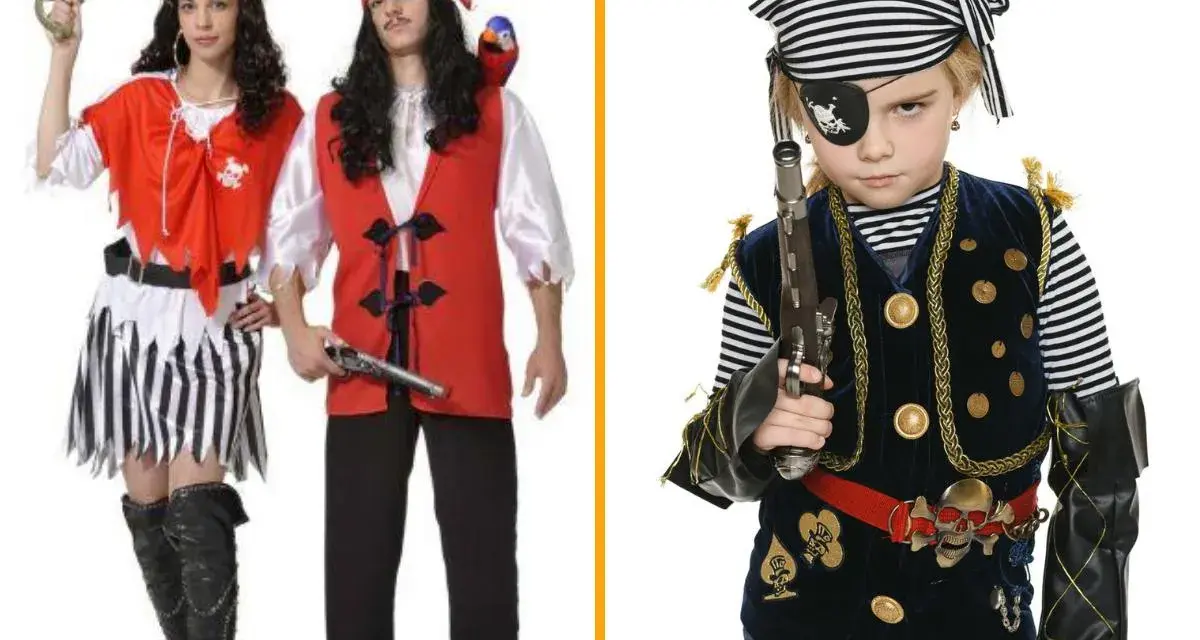 Pareja con disfraz pirata casero y niña pirata con parche y pistola.