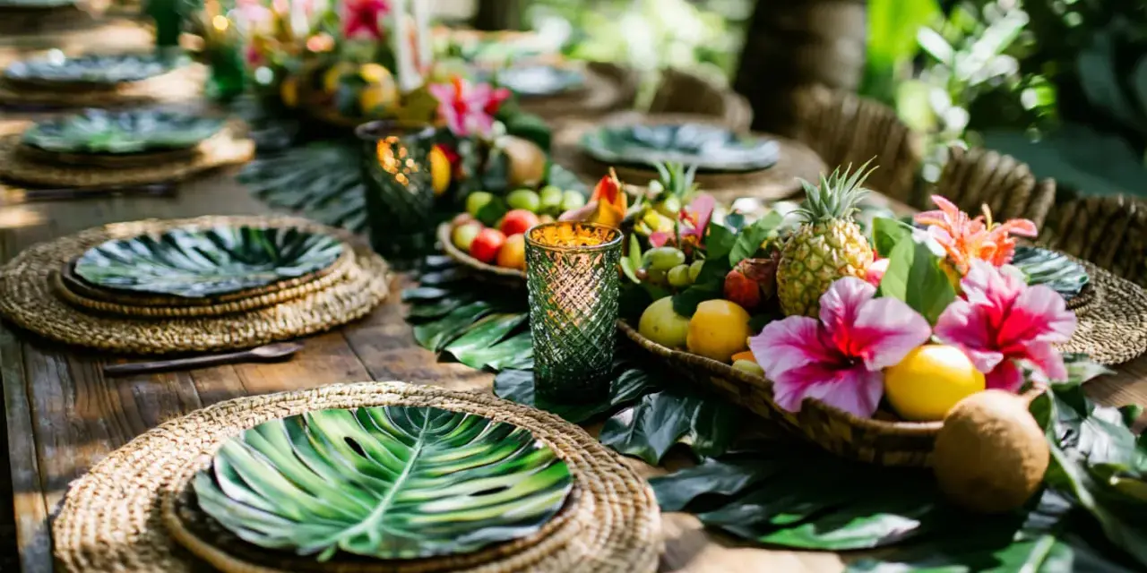 Mesa decorada para una fiesta hawaiana casera, con centros de mesa de frutas tropicales, flores y hojas de palma.