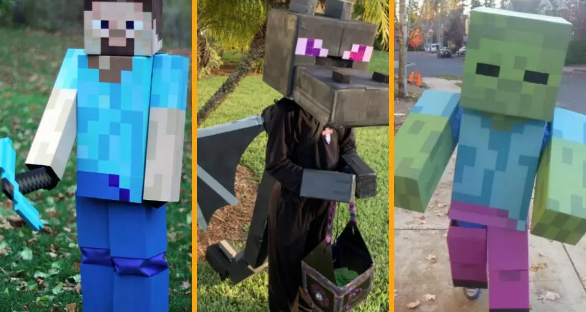 Niño con disfraz casero de Minecraft: Steve, un dragón y un zombi. ¡Perfectos para Halloween!
