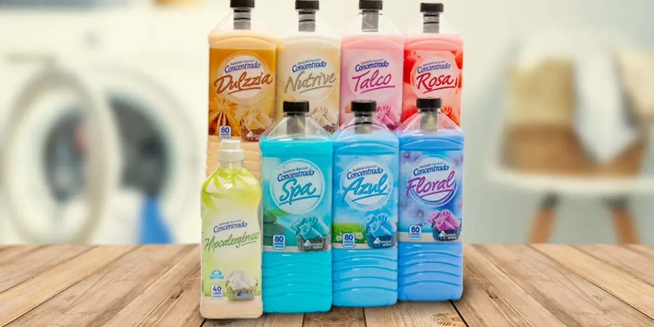Variedad de suavizantes concentrados, como "Dulzzia", "Nutrive", "Talco", "Rosa", "Spa", "Azul" y "Floral", listos para un mikado casero con suavizante.