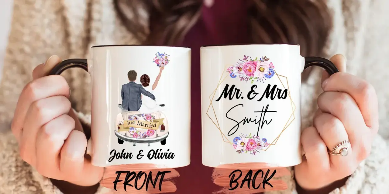 Tazas de boda personalizadas con pareja en coche "Just Married" y "Mr. & Mrs. Smith".