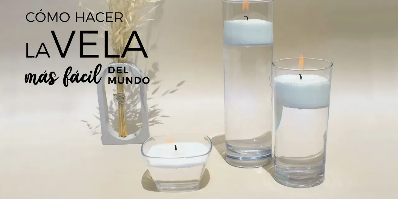 Cómo hacer una vela flotante en agua. Tres velas encendidas en recipientes de vidrio, con texto "La vela más fácil del mundo".