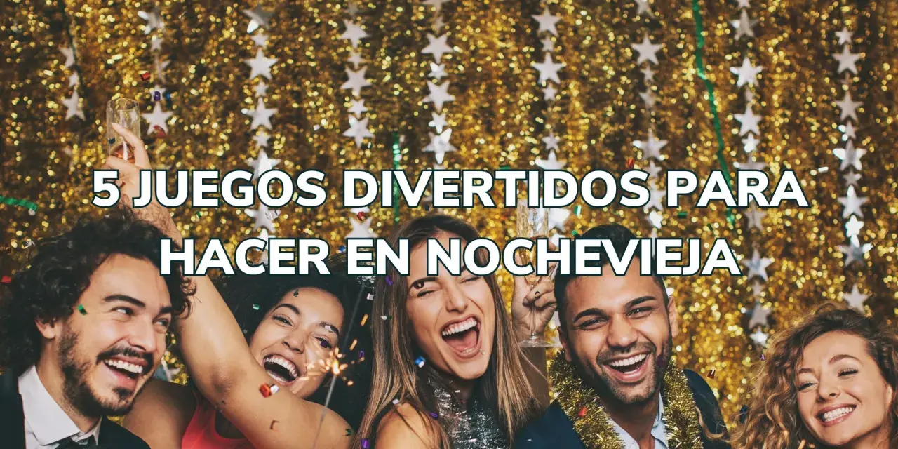 Cinco amigos celebran con confeti y chispas, listos para divertidos juegos para Nochevieja.