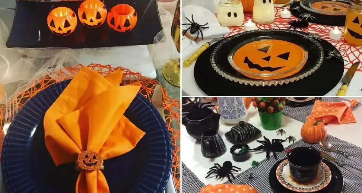 Centros de mesa con calabazas y detalles de Halloween, creando un ambiente festivo y espeluznante.