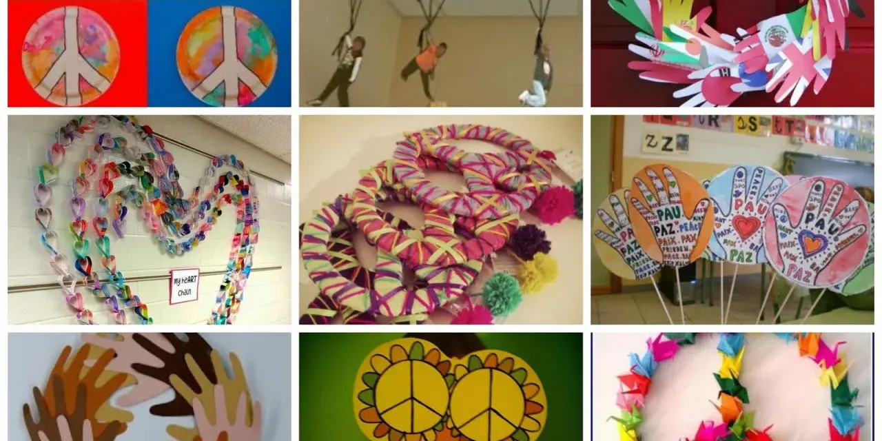 Manualidades originales Día de la Paz: guirnaldas de corazones, coronas de manos, palomas de origami y símbolos de paz.