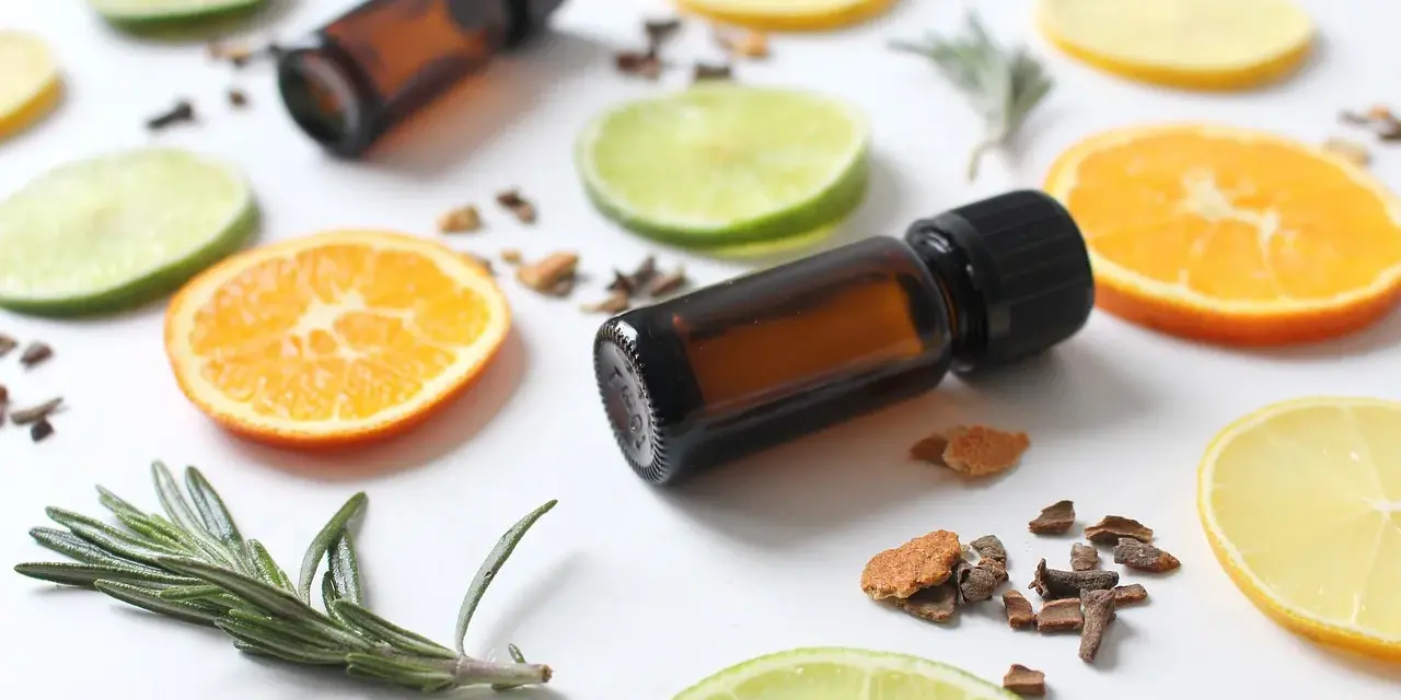 Ingredientes para hacer un ambientador mikado: aceites esenciales, rodajas de cítricos, romero y especias.