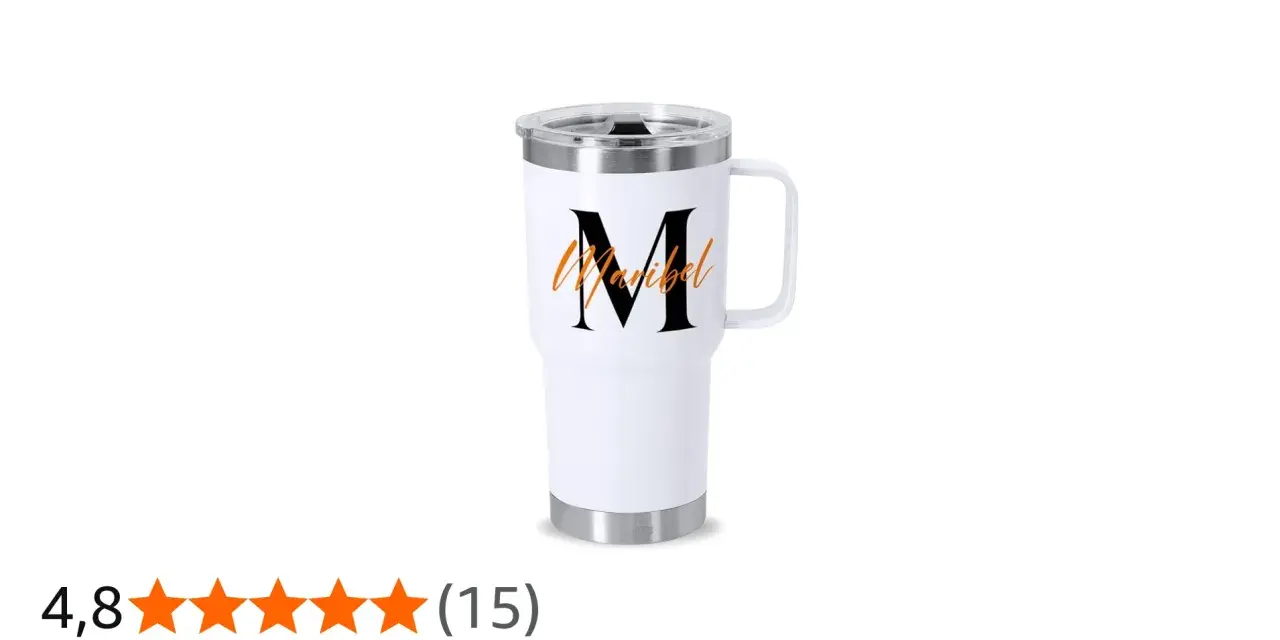 Termo personalizado blanco con la letra "M" y el nombre "Maribel" en naranja. Ideal para llevar tus bebidas.