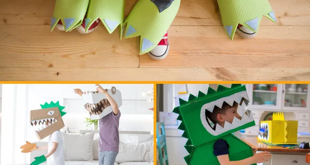 Niños jugando con un disfraz dinosaurio niño casero hecho de cartón y tela. ¡Pura diversión prehistórica!