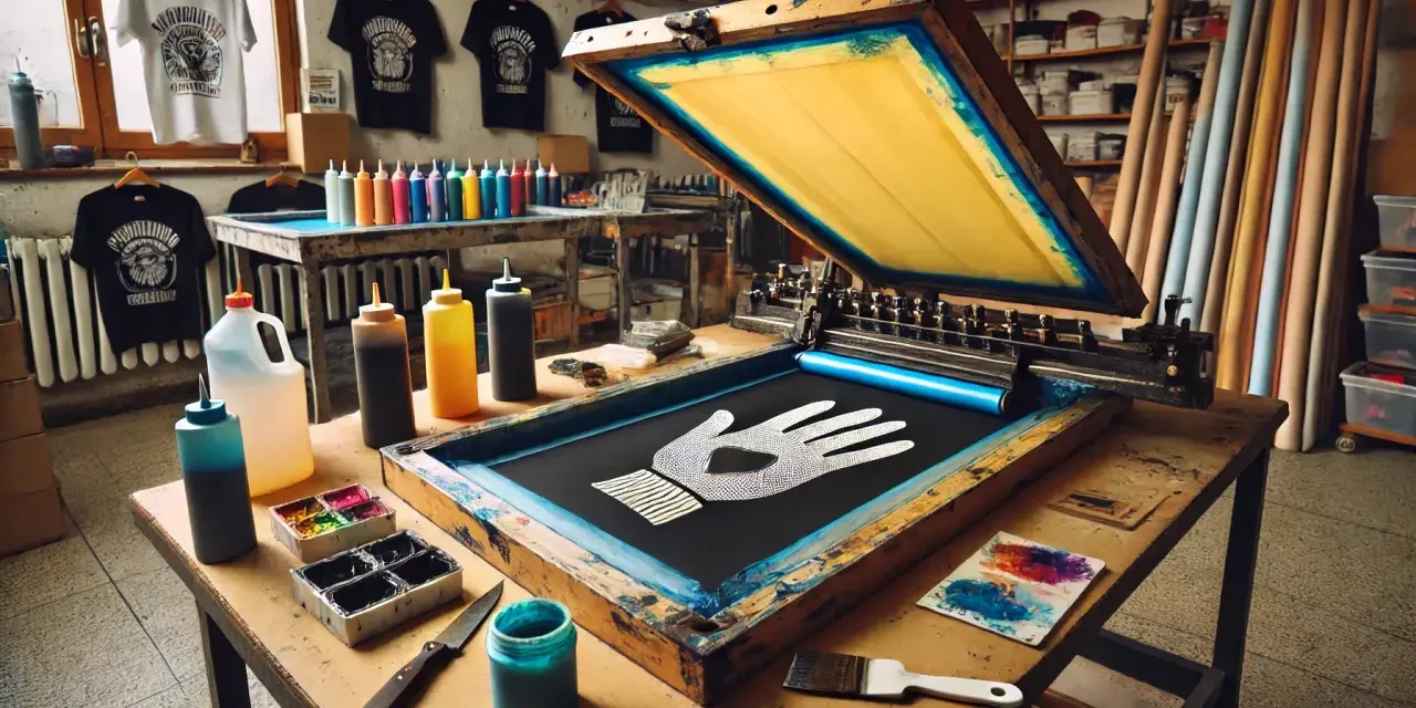 Taller de serigrafía que es: máquina con pantalla para estampar mano en camiseta, tintas y camisetas colgadas.