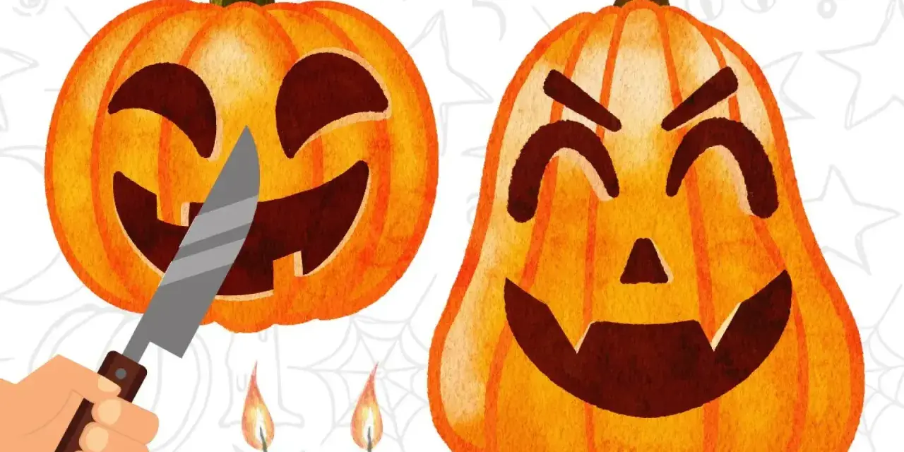 Dos calabazas de Halloween, una con un cuchillo a punto de tallarla, para mostrar cómo decorar una calabaza original.