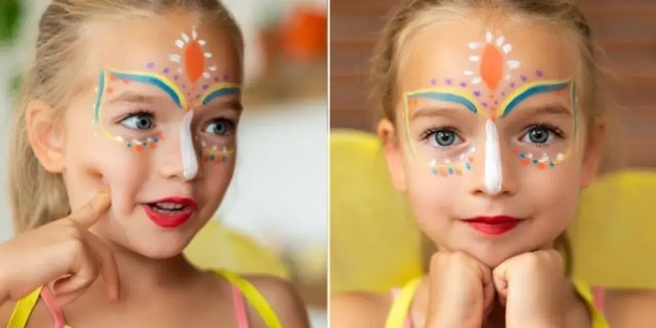 Niña con cara pintada de carnaval, lista para la fiesta.