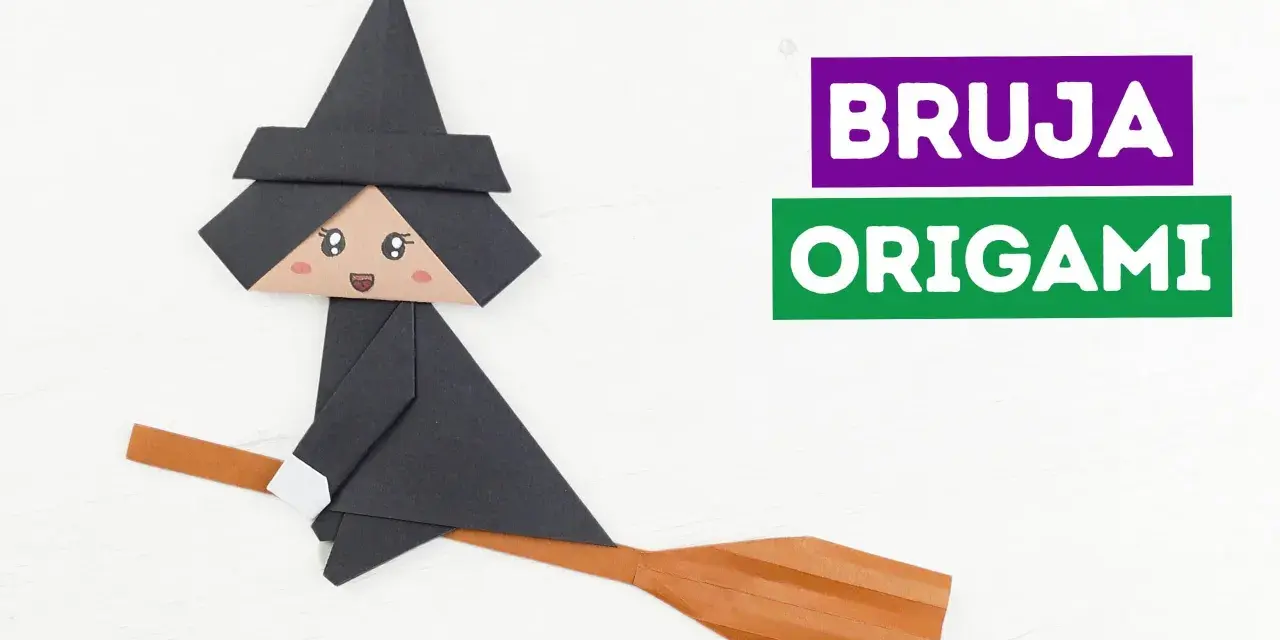 Bruja de origami volando en escoba. ¡Perfectas manualidades Halloween fáciles para crear!