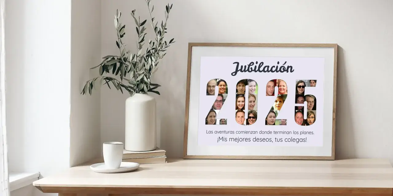 Marco de madera con collage de fotos de personas dentro de los números "2025" y texto de jubilación.