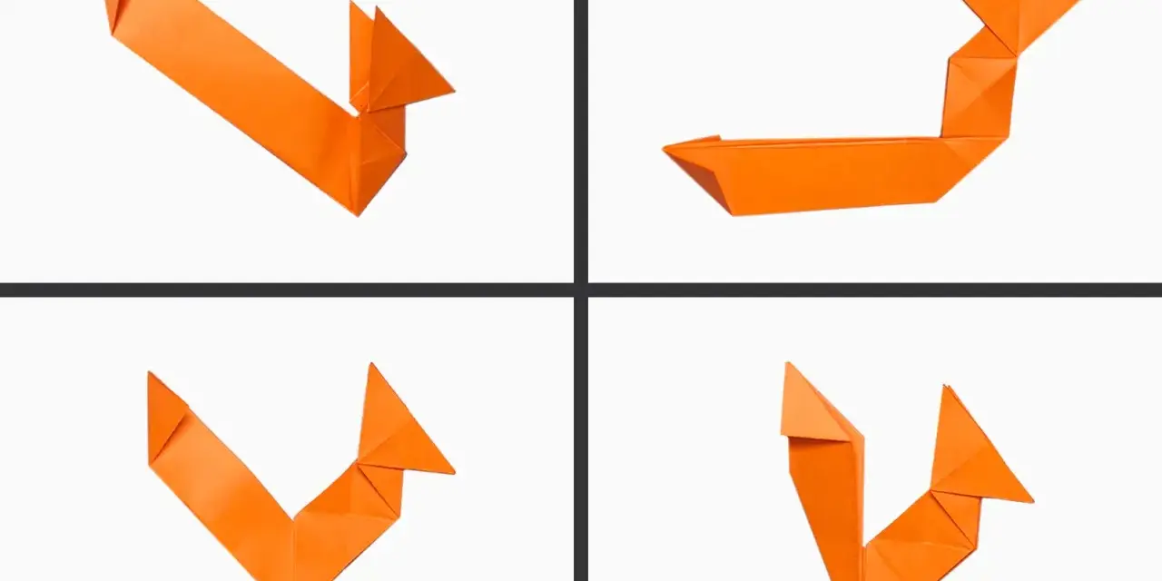 Manualidad ardilla infantil de origami naranja. Cuatro vistas de una figura de papel doblado que representa una ardilla.