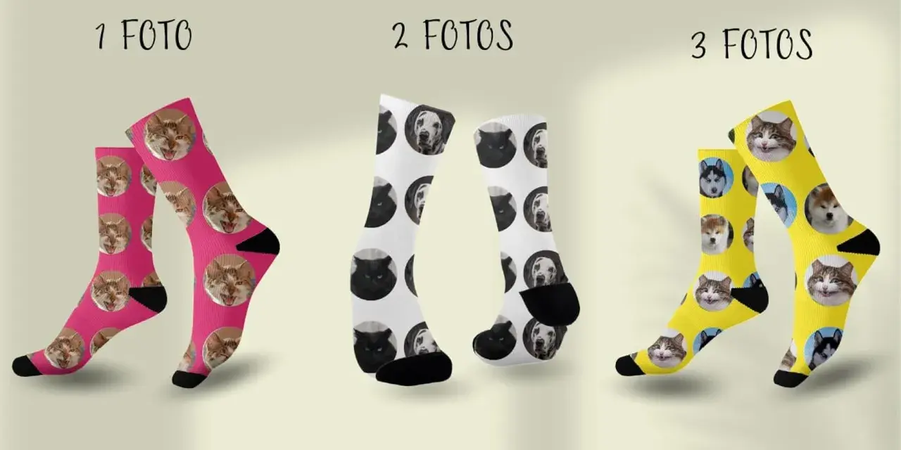 Calcetines serigrafiados con caras de gatos y perros en rosa, blanco y amarillo. ¡Perfectos para amantes de las mascotas!