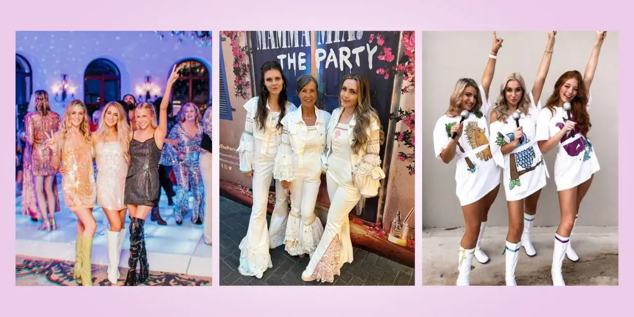 Chicas celebrando fiestas temáticas, algunas con brillos, otras vestidas de blanco y unas más con disfraces de animales.