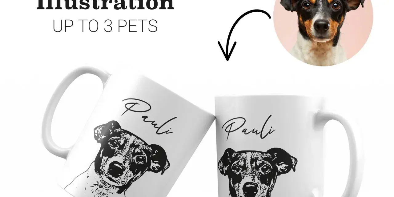 Tazas personalizadas con ilustración en blanco y negro de un perro Jack Russell Terrier, con su nombre "Pauli".