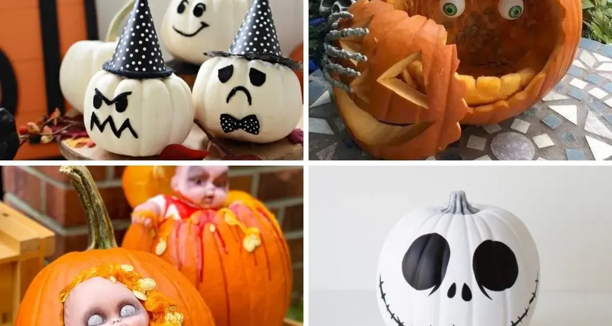 Calabazas decoradas manualidades: caras graciosas, un esqueleto sosteniendo una calabaza tallada, muñecas espeluznantes y Jack Skellington.