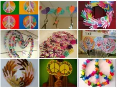 Manualidades originales Día de la Paz: guirnaldas de corazones, coronas de manos, palomas de origami y símbolos de paz.