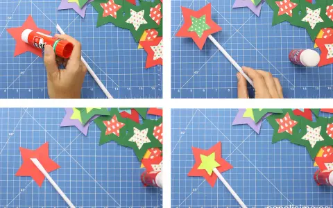Creando varitas mágicas caseras. Pegando estrellas de papel para dar vida a la magia.