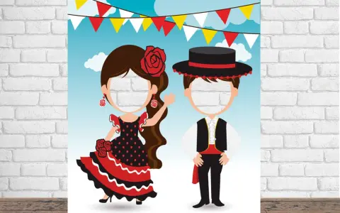 Un photocall flamenco casero con figuras de pareja para poner caras. ¡Ideal para fiestas y celebraciones!