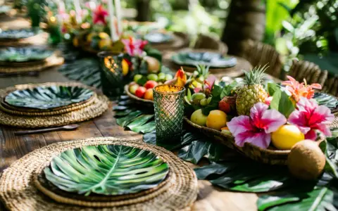 Mesa decorada para una fiesta hawaiana casera, con centros de mesa de frutas tropicales, flores y hojas de palma.
