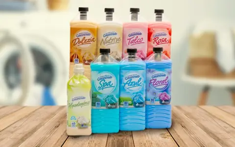 Variedad de suavizantes concentrados, como "Dulzzia", "Nutrive", "Talco", "Rosa", "Spa", "Azul" y "Floral", listos para un mikado casero con suavizante.