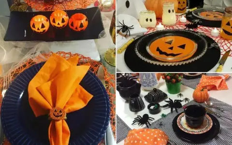 Centros de mesa con calabazas y detalles de Halloween, creando un ambiente festivo y espeluznante.