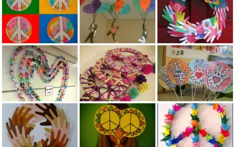 Manualidades originales Día de la Paz: guirnaldas de corazones, coronas de manos, palomas de origami y símbolos de paz.