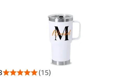 Termo personalizado blanco con la letra "M" y el nombre "Maribel" en naranja. Ideal para llevar tus bebidas.
