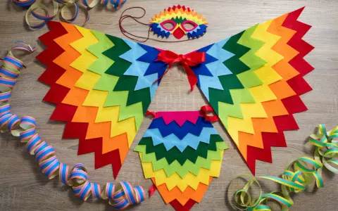 Un colorido disfraz de pájaro casero con alas de fieltro, máscara y adornos de serpentinas, listo para una fiesta.