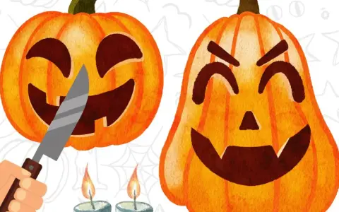 Dos calabazas de Halloween, una con un cuchillo a punto de tallarla, para mostrar cómo decorar una calabaza original.