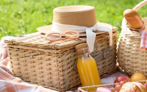 Cajas picnic listas para disfrutar: sombrero, gafas de sol, jugo y frutas sobre mantas a cuadros en un día soleado.